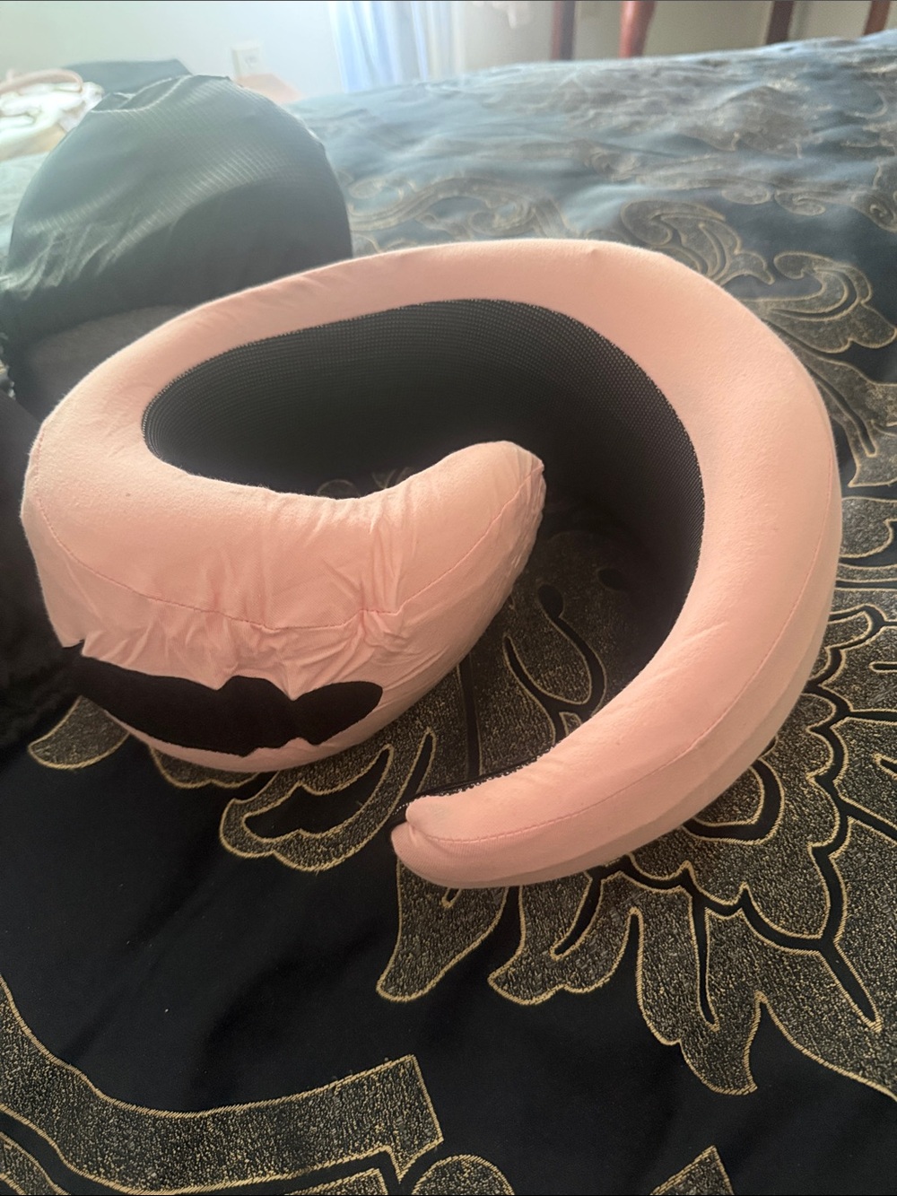 Plush Pink U-Shaped Travel Neck Pillow with Black Support Patch